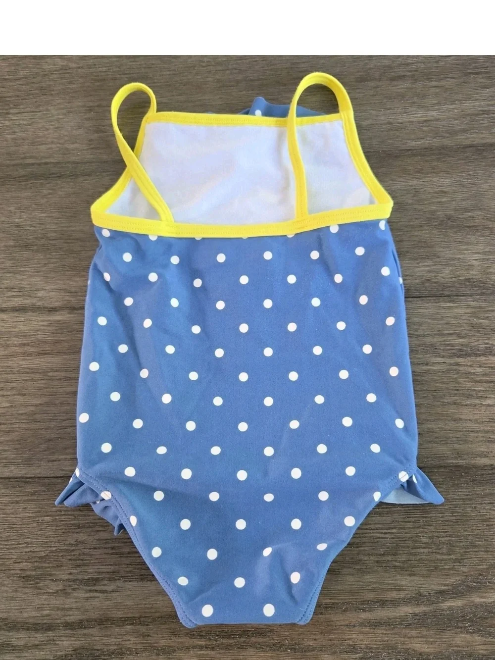 Baby Boden Blue Polka Dot Duck Duckling Ruffle Swimsuit Bathing Suit Size 6 12 M